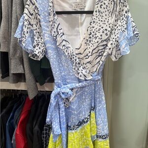 Tanya Taylor Blue and Yellow Wrap Dress